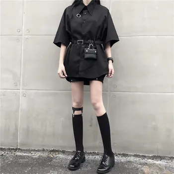 Poletje Korejski Moda Blake Majice Ženske Japonski Harajuku Gotike Gumb Dame Vrhovi Dekle Bluze Prevelik Punk Oblačila
