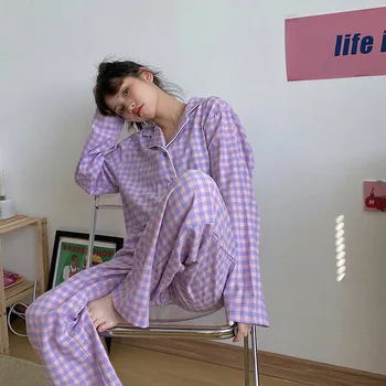 Novi Korejski Slog Ženska Pajama Določa Pomlad Kariran Ljubek Dolg Rokav Mehko Priložnostne Sleepwear Jeseni Svoboden More Modni Ženski