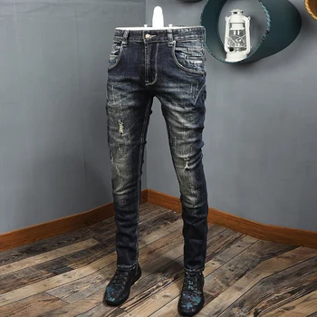 Italijanski Modni Stil Moške Jeans Visoke Kakovosti Razrezana Oblikovalec Raztrgala Traper Hlače Retro Črna Modra Letnik Hip Hop Hlače Homme