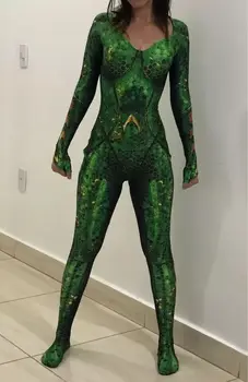 3D tiskanje zelena spolu Ženske, z Dolgimi Rokavi Jumpsuit Seksi Elastična Dokolenke Fazi Kostum Pevka Rojstni igralne obleke