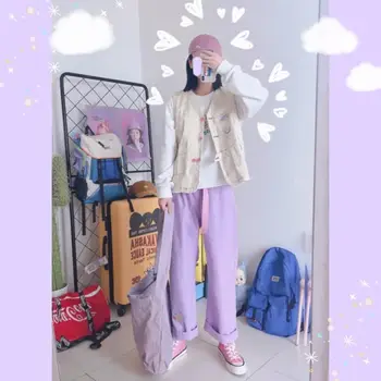 Sladko visoko pasu hlače vijolično ženske sweatpants ženska 2020 plus velikost japanesel ulične hlače Gleženj-ravne Dolžina oblačila