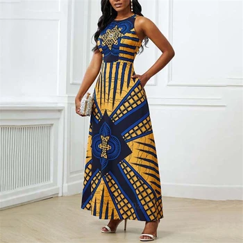 2020 Afriška Oblačila za Ženske Dashiki Tiskanja Evropske Obleke Bazin Bogato brez Rokavov Moda Krog Vratu Maxi Vestido Plus Velikost