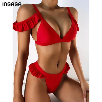 INGAGA Push Up Bikini Ruffle Ženske Kopalke, Kopalke Seksi Tangice Biquini 2021 Novo Plažo Rdeče Visoko Pasu, Kopalne Obleke, Ženske