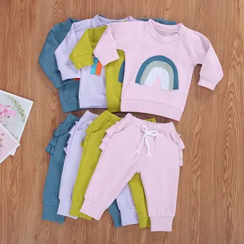 Newborn Baby Girl Obleke Najnovejši Shirt Obleko Hlače Mavrica Natisnjeni O-Vratu Dolg Rokav Čipke-up Večplastna Ruffle 2Pcs Obleke Oblačila