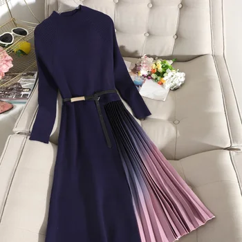 Elegantno Gradient Pletene obleke ženska stranka noč Moda Mozaik Naguban Pulover Obleko z Dolgimi Rokavi Visoko Pasu vestidos Mw975