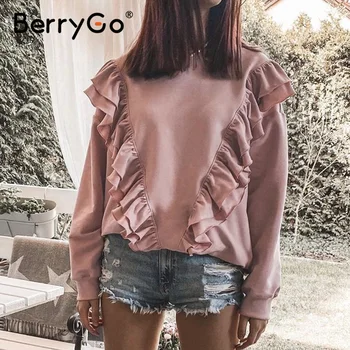 BerryGo Spusti-ramo rokav ogrlicom majica ženske Priložnostne svoboden roza puloverju jeseni leta 2020 Kratek crewneck za ženski pulover