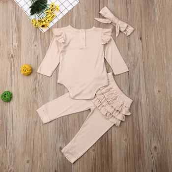 0-24M Newborn Baby Dekle Fantje Jeseni Obleke, Oblačila, ki Postavlja Trdne Romper Vrh Ruffle Hlače Glavo Set