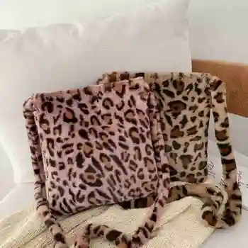 Leopard Plišastih Ramo Torbe za Ženske Jeseni in Pozimi Moda za Ženske Vintage Torbice Ženske, Velike Zmogljivosti, Messenger Bag