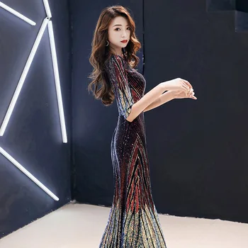 Proti-vrat Večerno Obleko 2020 Tiste Večerne Obleke Za Ženske Pol Rokav Haljo De Soiree morska deklica Formalno Halje Cheongsam 4XL