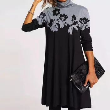 2020 Haljo Vintage Obleko Ženske Mozaik Tiskanje Dolg Rokav Turtleneck Obleke Plus Velikost Ženske Obleke Dames Jurken 2020 Nova