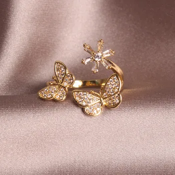 Korejski nov modni nakit, lepe baker vdelan cirkon metulj cvet odpiranje nastavljiv ženski kazalcem maturantski obroč