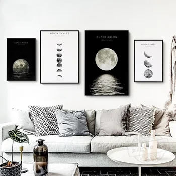 Nordijska Luna Platno Fotografij, Plakati, Črno in Belo Minimalističen Wall Art Platno, Slike, Slike za Dnevna Soba Dekoracijo Doma