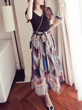 Potovanja Poletje Šifon Obleko Elegantno Ženske Geometrijske Natisniti Moda Midi Obleke Čipke Črna Mozaik Priložnostne Kratkimi Rokavi Ženske
