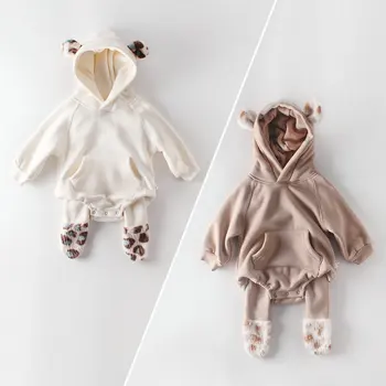 Korejski Pozimi Baby Fantje Dekleta Kostume Uho Igralne Obleke Debele Hooded Žamet Onesies Oblačila Z Dolgimi Rokavi Za Malčke Novo Rojen Jumpsuits