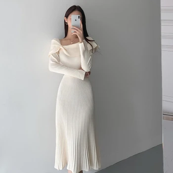 2020 Nove Jesensko Ženske Korejski Pletene Obleke, Elegantne Nežen Visoko Pasu Slim Barva Naguban Ženski Urad Dama