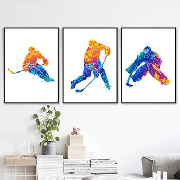 Akvarel Zimski Šport Plakat Wall Art Platno Slikarstvo Igralec Hokejist Splash Natisne Hokejski Vratar Ilustracije Doma Dekor