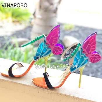 Vinapobo Pisane kovinski vezene usnjeni sandali, ki angel krila črpalke stranka obleko poročni čevlji metulj gleženj zaviti visoke pete