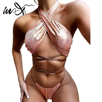 V-X Seksi roza kača dva kosa kopalke ženske Povodcem vratu kopalke ženske 2020 String bikini komplet ženske swimmming bo ustrezala biquini