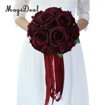 MagiDeal Romantično Rose Cvet Poroka Poročni Šopek Roko Držite Cvet Rdeče Vino