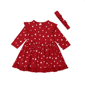 Malčka Baby Dekle Obleko z Dolgimi Rokavi Srce Ljubezni, Tiskanje Princesa Rdeče Obleke Trakovi valentinov Dni Oblačila
