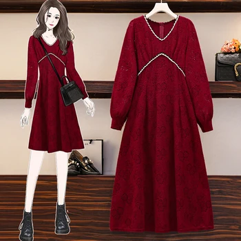 Plus velikost ženske jeseni, pozimi rdeče čipke obleke, ženske letnik eleganten dolg rokav v vratu A-line midi obleke korejski vestidos
