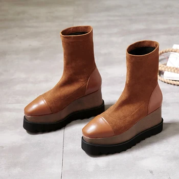 MORAZORA 2020 Pravega usnja čevlji seksi wedgs platformo dame, čevlji za jesen zimo klasično gleženj škornji za ženske črna