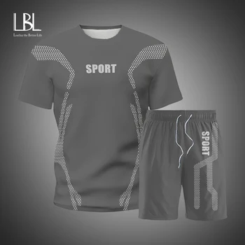 2021 Novo Pismo Natisnjeni T-Shirt Športnih bo Ustrezala Mens Priložnostne Teče Trenirke Poletje Kratek Rokav Tee + hlače 2 Kosa določa