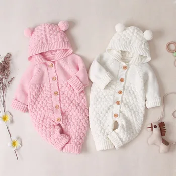 Jeseni, Pozimi Newborn Baby Fantje Dekleta Nosijo Uho Plesti Romper Kapičastih Pulover Obleko Jumpsuit