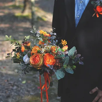 JaneVini Letnik Poroko Oranžna Šopek za Nevesto 2020 Ročno izdelanih Svilenih Vrtnic Poročne Rože Jeseni Poročni Šopek Dodatki