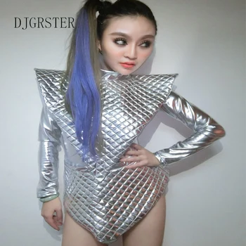 DJGRSTER ženski prostor, kostumi bodysuit pevka kompleti DJ, plesne kostume DS kostum reflektivni srebrno sijoče kos obleko oblačila