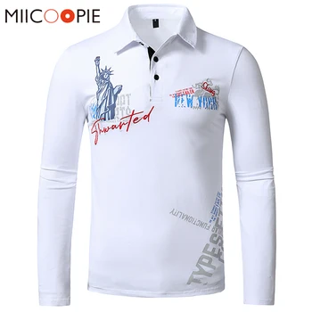 Novo Bombaž Long Sleeve Majica Polo Moški Korejski Moda Kip Svobode, Tiskanje, Vezenje Trdna Jersey Moški Camisas Polo Vrhovi Tees