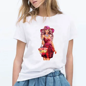 2021 Ženske T-shirt Moda dekle Elegantno lepoto Harajuku Natisnjeni Priložnostne korejski O ovratnik Majica s kratkimi rokavi Ženske Obleke T-shirt Spusti Ladje