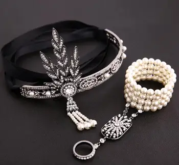 Ženske Veliki Gatsby Trakovi pearl Ring Set naglavni del Zaklopnica Fancy Stranka Kostum Opremo Poroka Poročni Tiara naglavni del