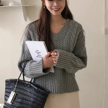 Proti-vrat Pleteni Pulover Pulover Ženske CropTop Dolg Rokav korejski Slog Priložnostne Modni Pulover 2020 Jeseni, Pozimi Potegnite Femme