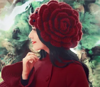 Sladko ženske pozimi klobuk Beanies velikih cvetov Kroglice Kape Lady Pokrivala Beanies Ženske Zimske Kape ženski Volne Pletene Klobuk