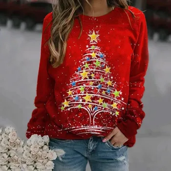 Ženske Jesen Zimo Božič Majica Dame Pulover Ženske Elk Natisniti Majice z Dolgimi Rokavi Bluzo Vrhovi božič oblačila