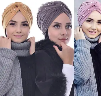 2020 Moda za Ženske twist Turban skp Muslimanskih beading Hidžab šal turbante mujer indija klobuk Glavo Zaviti Šal Stretch Kapa Bonnet