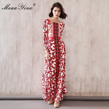 MoaaYina Modni Oblikovalec vzletno-pristajalne Steze obleko Pomlad Jesen Ženske obleke Letnik Tiskanja Slim Maxi Obleke