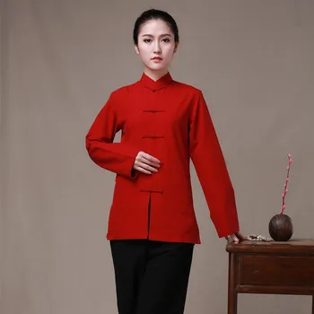Hanfu femal kostum Dolg Rokav Bombaž Tradicionalna Kitajska Oblačila Tang bo Ustrezala Vrh Ženske Kung Fu Tai Chi Enotno Majica rdečo Bluzo