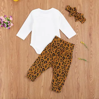 0-18 M Baby Jeseni Obleko z Dolgimi Rokavi Pismo Print Bela igralne obleke Top Visoke Pasu Leopard Natisnjeni Hlače, Obleka za Malčke Dekle