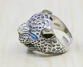 925 srebra sterling srebro leopard velik ring, širok obraz moškega retro prstan nastavljiv