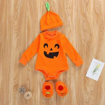 3Pcs Malčka Halloween Obleko Oranžna O-Vratu Dolge Rokave, igralne obleke+Bučna Duha Slip-On Čevlji+Klobuk za Baby Boy Girl 0-18 Mesecev