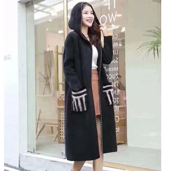 Dolžina mink krzno plašč ženske 2020 korejska različica jeseni žensk zgosti hooded pletene cardigan plašč za ženske zimski pulover