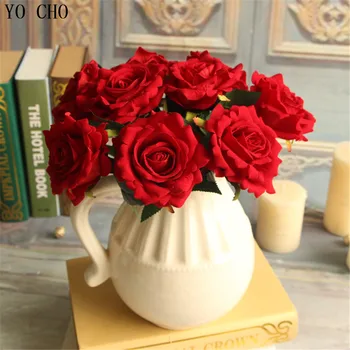 YO CHO (10 kos/veliko)Visoko simulacije kratek razvejano umetno peony šopek svile flanela rose cvet za dom poroka dekoracija