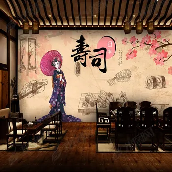 Nostalgičen spomin na Cartoon Japonske Kuhinje Suši Restavraciji De Papel Parede 3D Industrijske Dekor Rumeno Ozadje Ozadje Zidana 3D