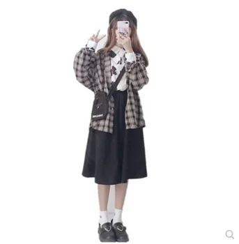 Japonski sladko Jeseni lolita Kariran princesa temperament lolita Kolegij slog mehko dekle obleko JK college enotno majica+plašč+krilo