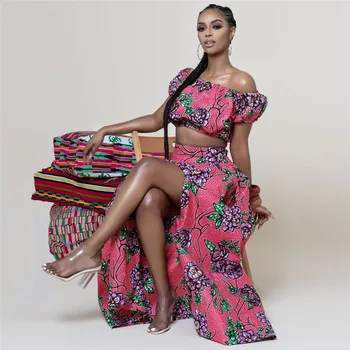 2020 Poletje Afriške Obleke za Ženske Cvjetnim Tiskanja Dashiki Bazin Ženske Obleke Seksi Ramenski Off Haljo Africaine Bohemia Krilo