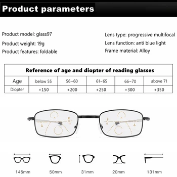 2020 Moški Ženske Photochromic Obravnavi Očala Progresivna Multifokalna Kovinski Okvir, Zložljiv Presbyopic Očala z ohišjem +2.5 +3.5