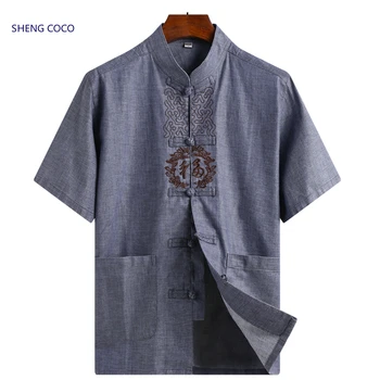 Sheng Coco Tradicionalni Kitajski Mens Majica Perilo, Srajce Kitajski Stil za Moške Kratke Rokav Kitajske Tradicionalne Starejših Oblačila 4XL
