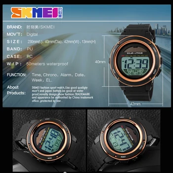 SKMEI Šport na Prostem Watch Nepremočljiva Digitalne Ure Moških Sončnih PU Trak Ročne Moški Kronograf Alarm 5Bar Reloj Hombre